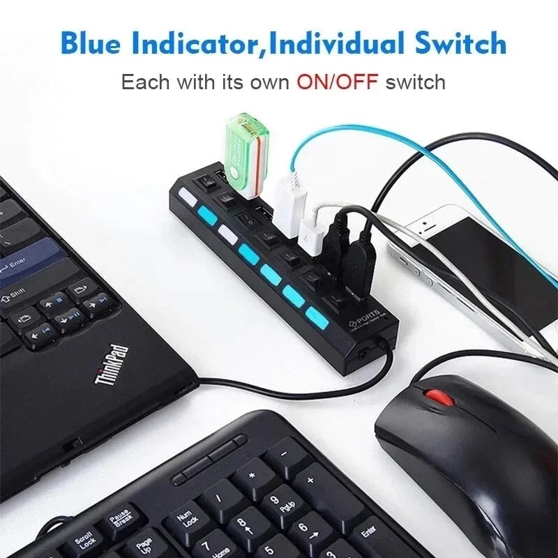 Multiple Expander USB Hub 7 Port Multi USB Splitter Power Adapter With On Off Switch for PC Laptop MacBook Accessories